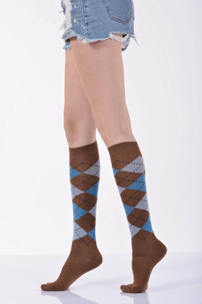 Kadın Ekoseli Dizaltı Çorabı  - Kahverengi