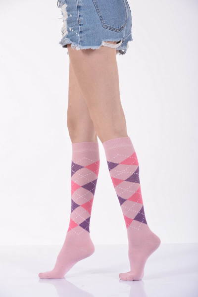 Kadın Ekoseli Dizaltı Çorabı  - Açık Pembe