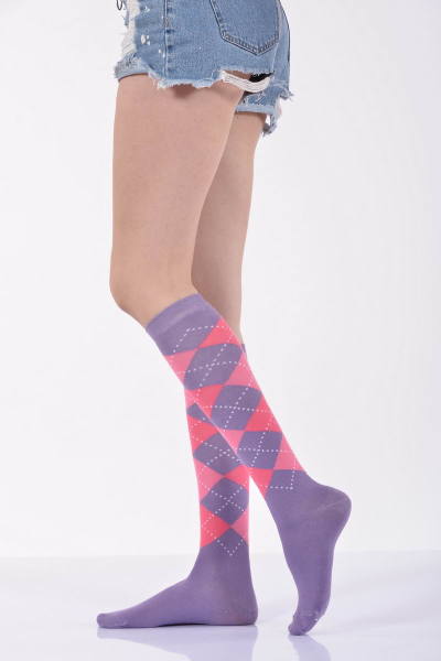 Kadın Ekoseli Dizaltı Çorabı  - Mor