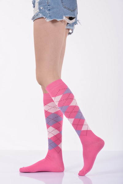 Kadın Ekoseli Dizaltı Çorabı  - Fuşya