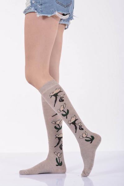 Kadın Çiçekli Dizaltı Çorabı   - Bej