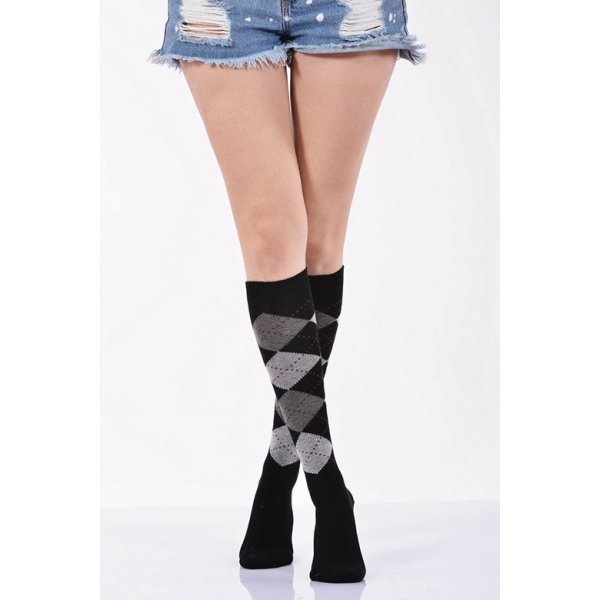 Kadın Ekoseli Dizaltı Çorabı  - Siyah
