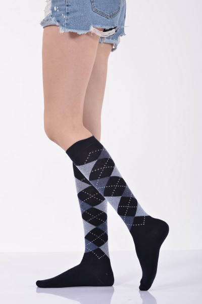 Kadın Ekoseli Dizaltı Çorabı  - Lacivert