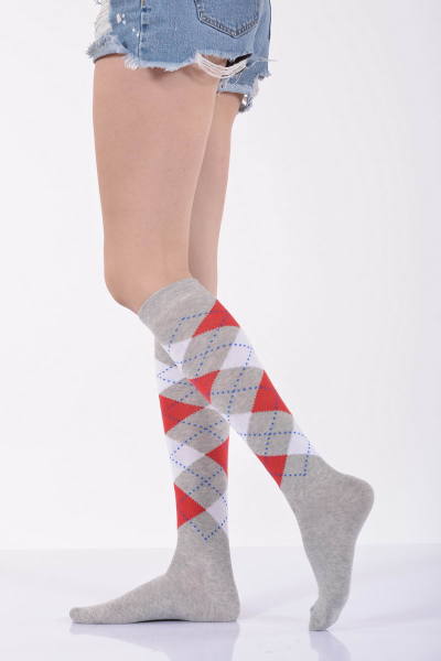 Kadın Ekoseli Dizaltı Çorabı  - Açık Gri