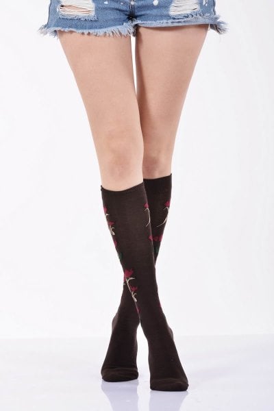 Kadın Çiçekli Dizaltı Çorabı   - Kahverengi