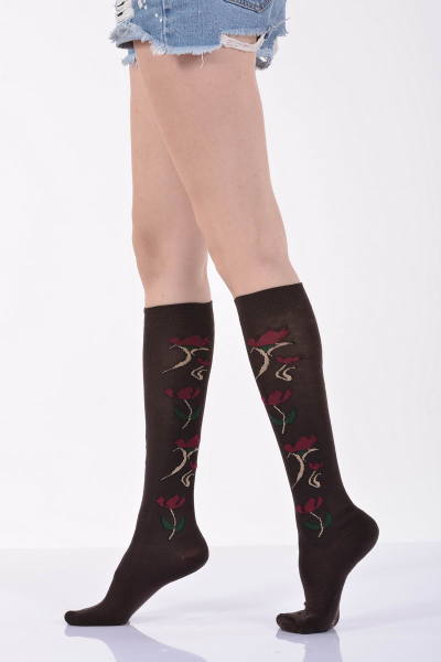 Kadın Çiçekli Dizaltı Çorabı   - Kahverengi