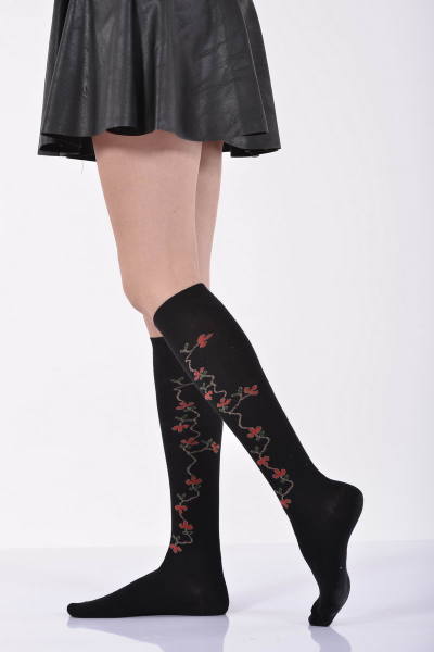 Kadın Yandan Kırmızı Çiçekli Dizaltı Çorabı   - Siyah