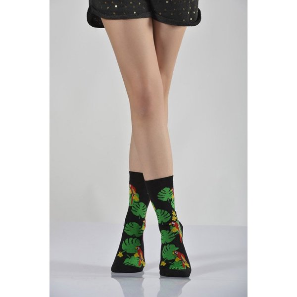 Kadın Papağan ve Orman Desenli Soket Çorabı  - Çok Renkli