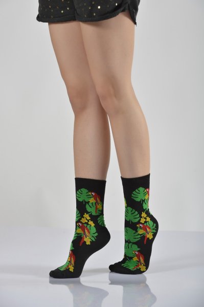 Kadın Papağan ve Orman Desenli Soket Çorabı  - Çok Renkli