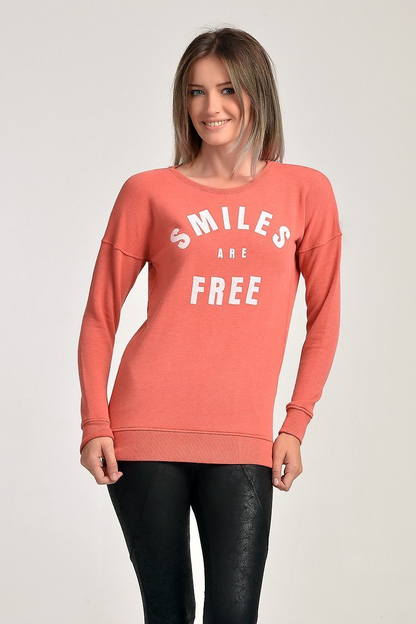 Cotton Candy Smiles are Free Baskılı Kadın Sweatshirt - Mercan