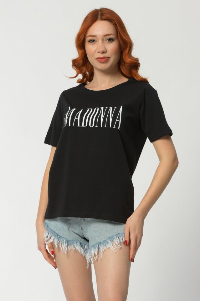 Madonna Baskılı Kısa Kollu Yuvarlak Yaka Kadın Tişört