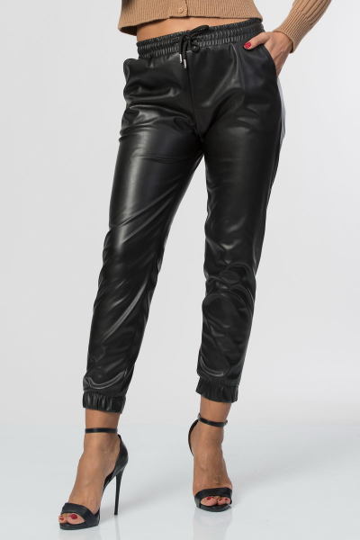 Lastik Detaylı Kadın Deri Pantolon - Siyah
