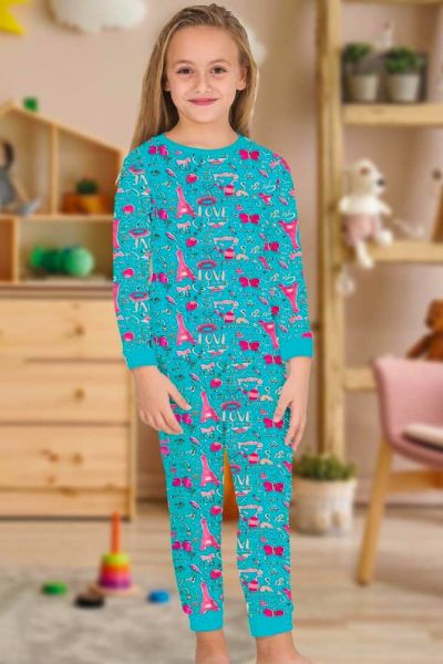 Desenli Kız Çocuk Pijama Takımı - Turkuaz