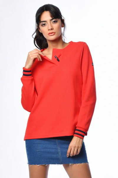 Tipond Uzun Kollu Yakası Tahta Düğmeli Sweatshirt - Kırmızı