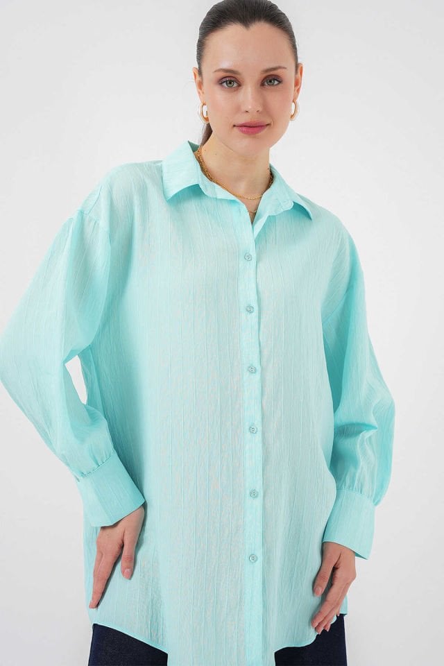 Big Dart Çizgili Oversize Gömlek  - Turkuaz
