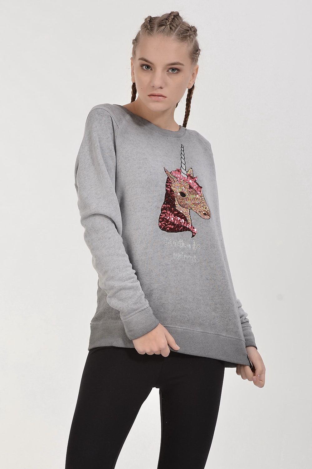 Cotton Candy Unicorn Pul İşlemeli Kadın Sweatshirt - Füme