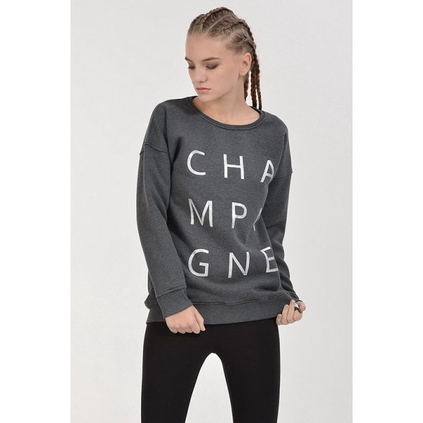 Cotton Candy Champagne Gümüş Baskılı Kadın Sweatshirt - Antrasit