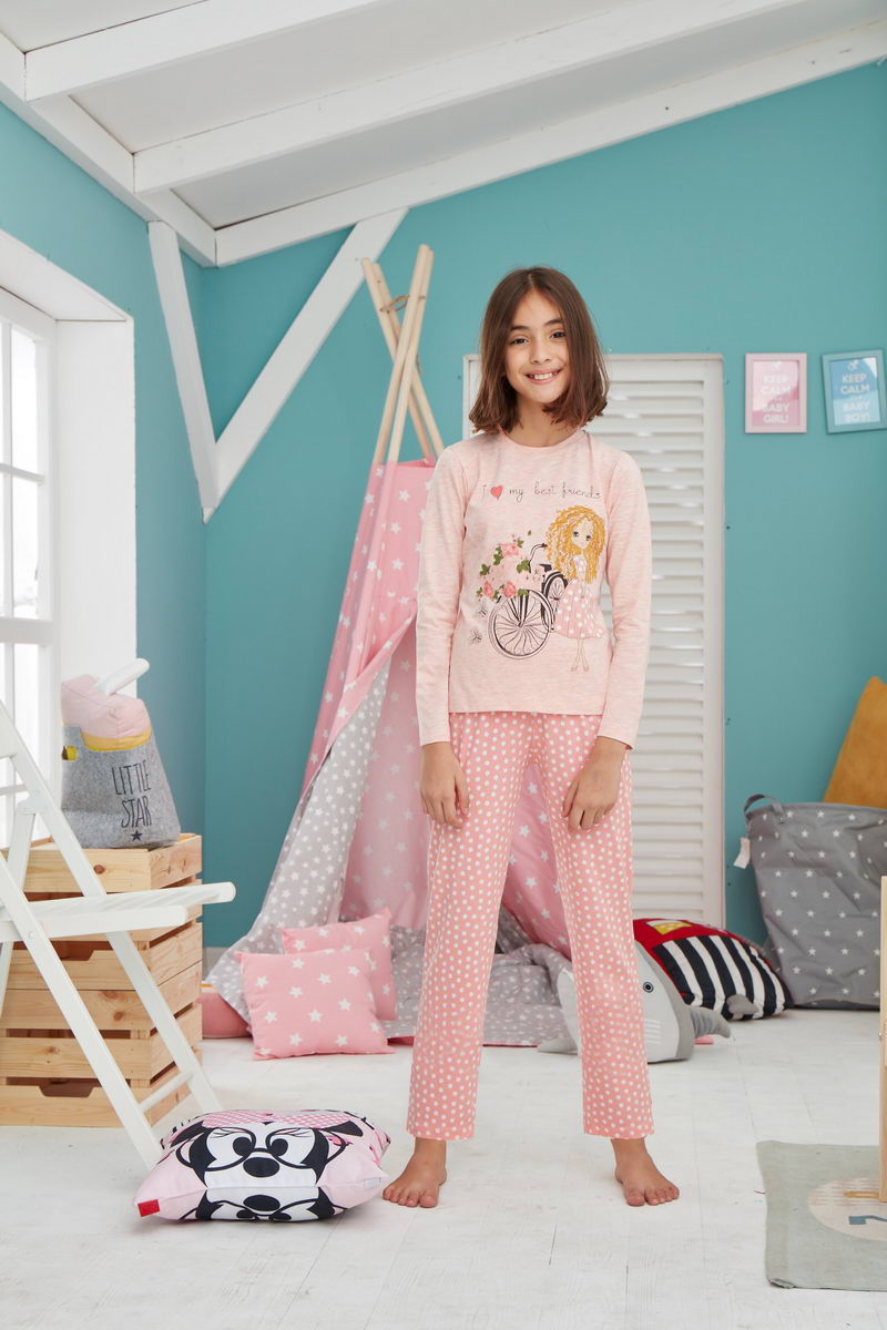 Donella Sevimli Çocuk Baskılı Kız Çocuk Pijama Takımı  10014 Somon