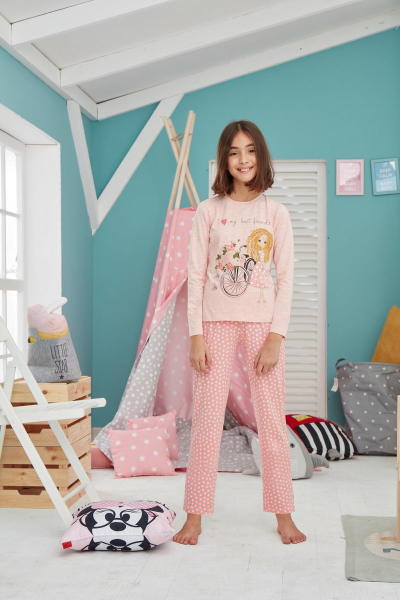 Donella Sevimli Çocuk Baskılı Kız Çocuk Pijama Takımı  10014 Somon