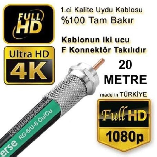 Erse RG6/U6 Anten Kablosu %100 Bakır-20 Metre F Konnektör Takılı