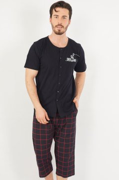 Pamuklu Erkek Tamamı Düğmeli Kısa Kol Kaprili Pijama Takım