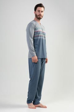 Erkek Büyük Beden V Yaka Uzun Kol Pijama Takım