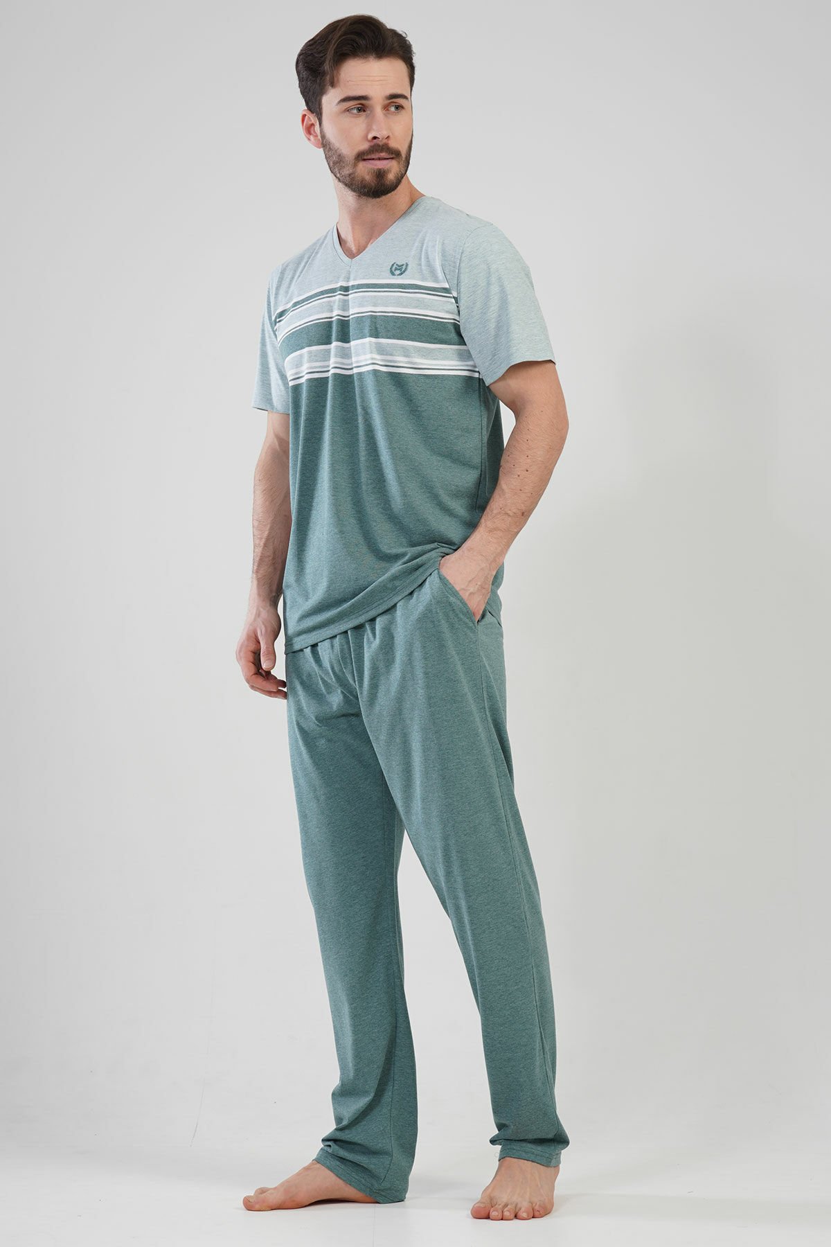 Erkek Büyük Beden V Yaka Kısa Kol Pijama Takım