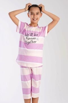 Pamuklu Kız Çocuk Kısa Kol Kaprili Pijama Takım