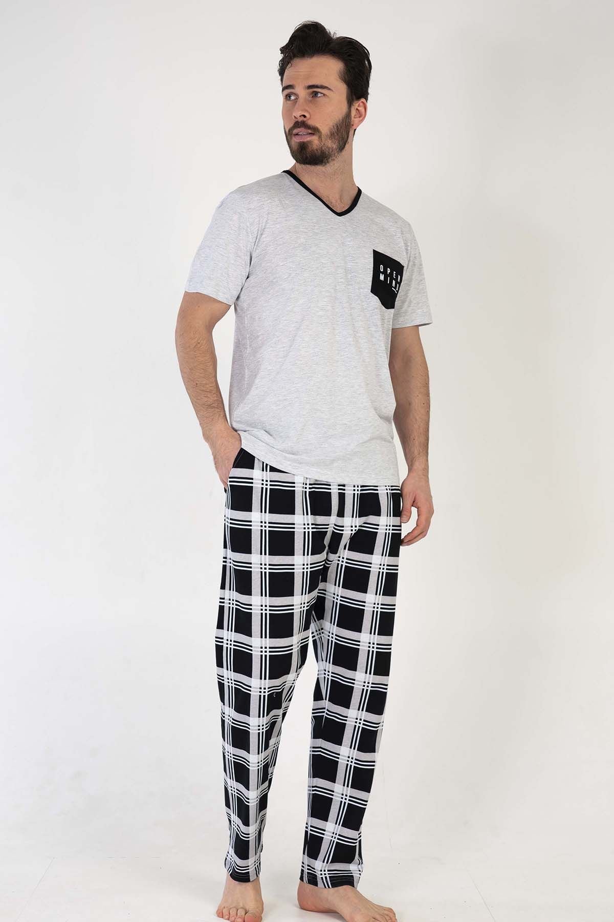 Erkek Büyük Beden V Yaka Kısa Kol Pijama Takım
