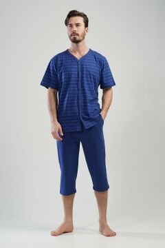 Pamuklu Erkek Büyük Beden Tamamı Düğmeli Kısa Kol Kaprili Pijama Takım