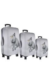 My77 Gri Kedi VALİZ KILIFI / BAVUL KORUYUCU ÖRTÜSÜ Büyük, Orta, Kabin Boy Set