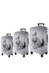 My77 Gri Kedi VALİZ KILIFI / BAVUL KORUYUCU ÖRTÜSÜ Büyük, Orta, Kabin Boy Set