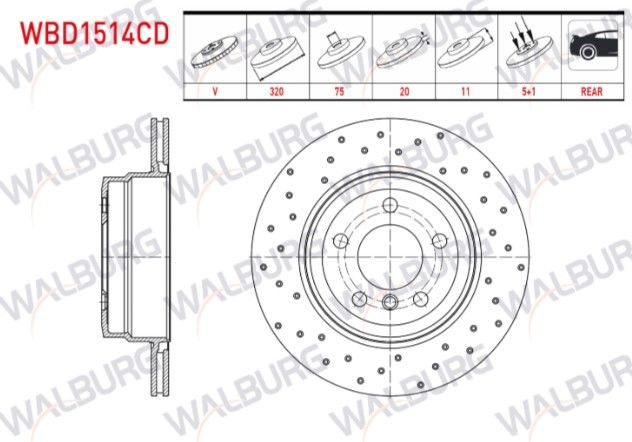 BMW X5 (E70) 3.0 D - 4.0 D 2007-2012/ X6 (E71,E72) 3.0 D - 3.5 D - 4.0 D 2008- FREN DISKI ARKA HAVALI KAPLAMALI PERFORMANS DELIKLI 5 BJN 320X20X75X78,6