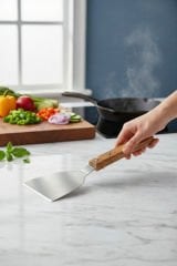 Paslanmaz Çelik Mutfak Spatulası, Ahşap Saplı, Keskin Ağız 9cm, Geniş Ağızlı BLZ-44