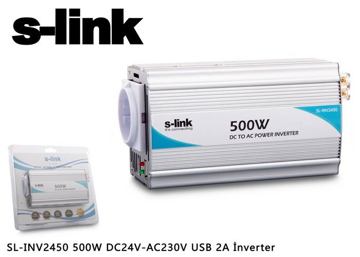 S-link SL-INV2450 500W DC24V-AC230V USB 2A İnverter Dönüştürücü 24V to 220V