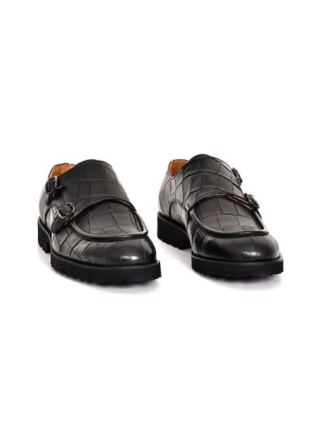 TNL 1202 Siyah Kroko Baskı Deri Çift Toka Detaylı Eva Taban Erkek Ayakkabı