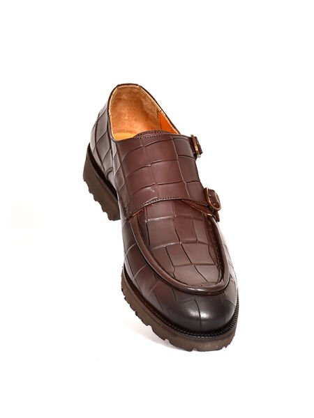 TNL 1202 Kahverengi Kroko Baskı Deri Çift Toka Detaylı Eva Taban Erkek Ayakkabı