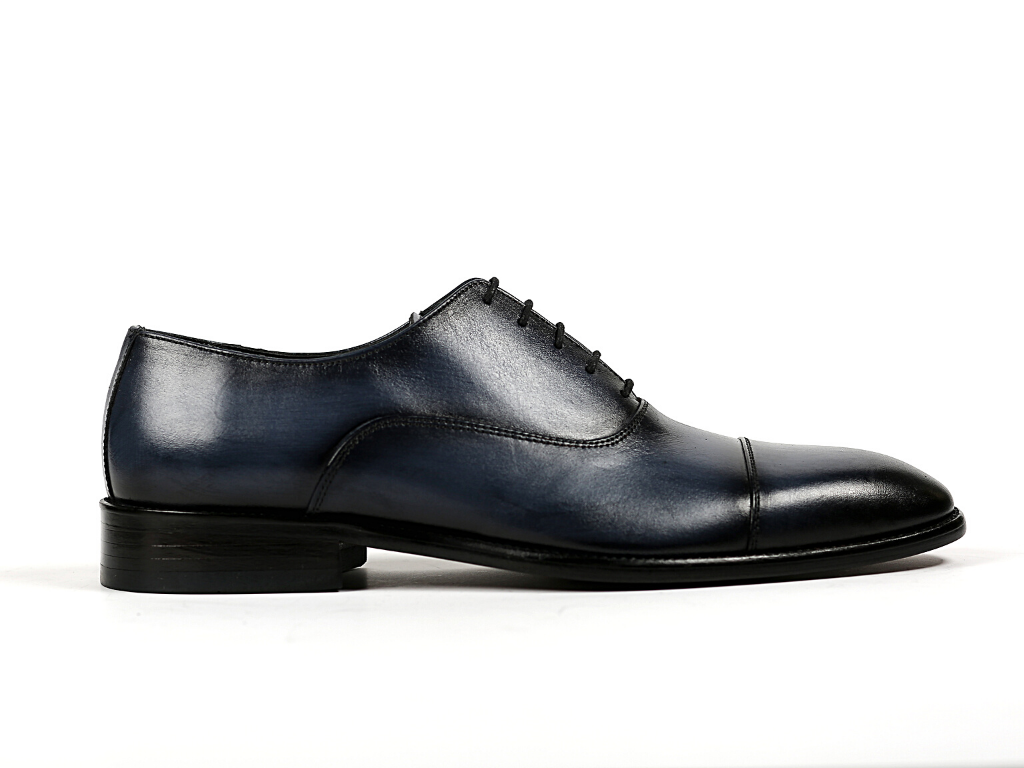 TNL 0166 Mavi, Antik Deri, Hakiki Kösele, Bağcıklı Erkek Ayakkabı