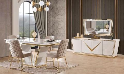 Lotus Bazalı Yemek Masası ve 4 Sandalye (Krem)