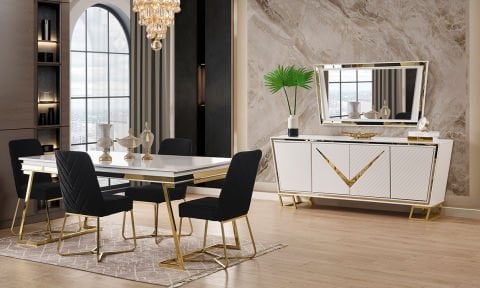Lotus Metal Yemek Masası ve 4 Sandalye (Krem)