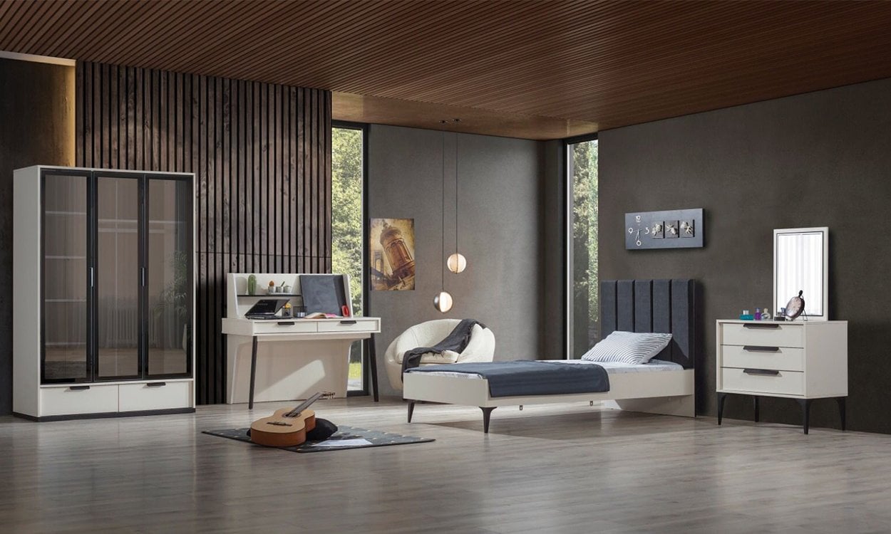 Kolezyum Ay Genç Odası Takımı (3 Kapılı Relekte Dolap, Komodin, 100*200 cm Başlıklı Karyola)