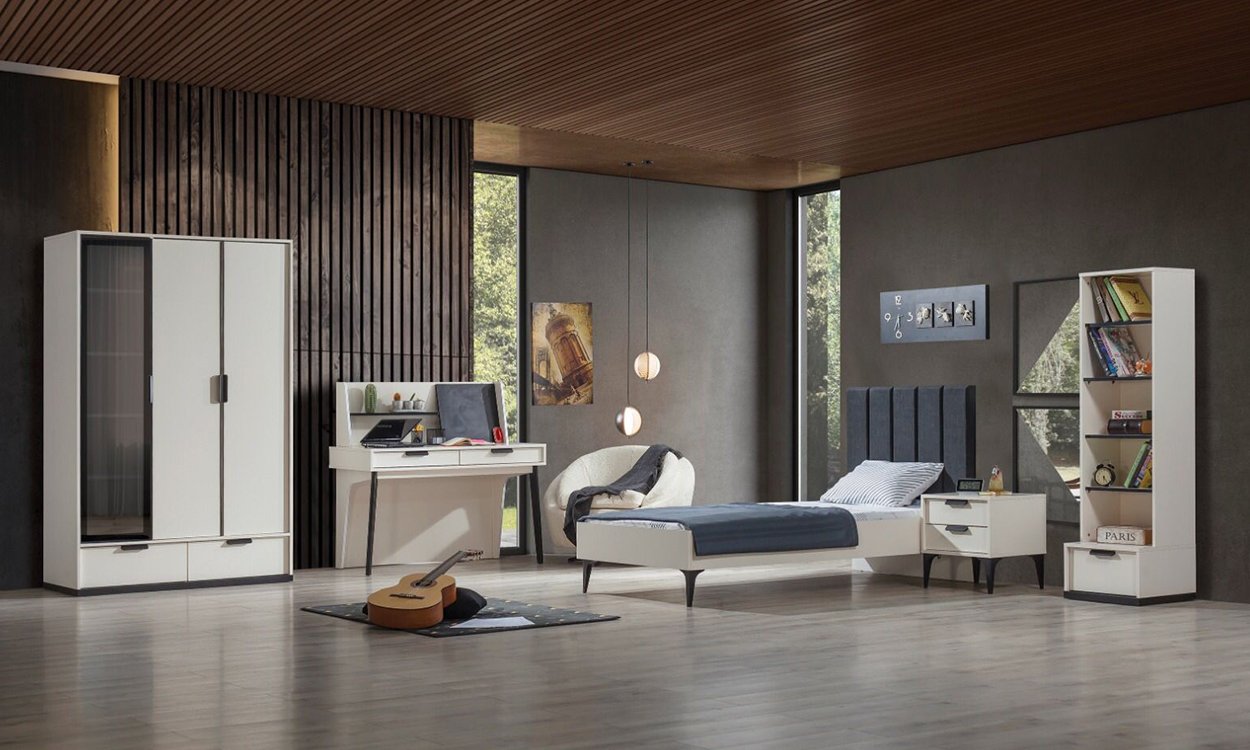 Kolezyum Ay Genç Odası Takımı (3 Kapılı Dolap, Komodin, 100*200 cm Başlıklı Karyola)