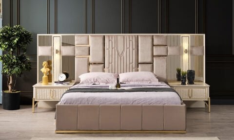 Bahar 160*200 cm Başlıklı Bazalı Karyola  (Vizon-Bej)