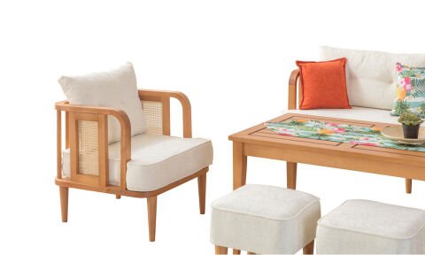 Flora Bahçe Mobilyası (Salon, Balkon, Cafe, Ofis) 3+1+1+Masa+2 Puf