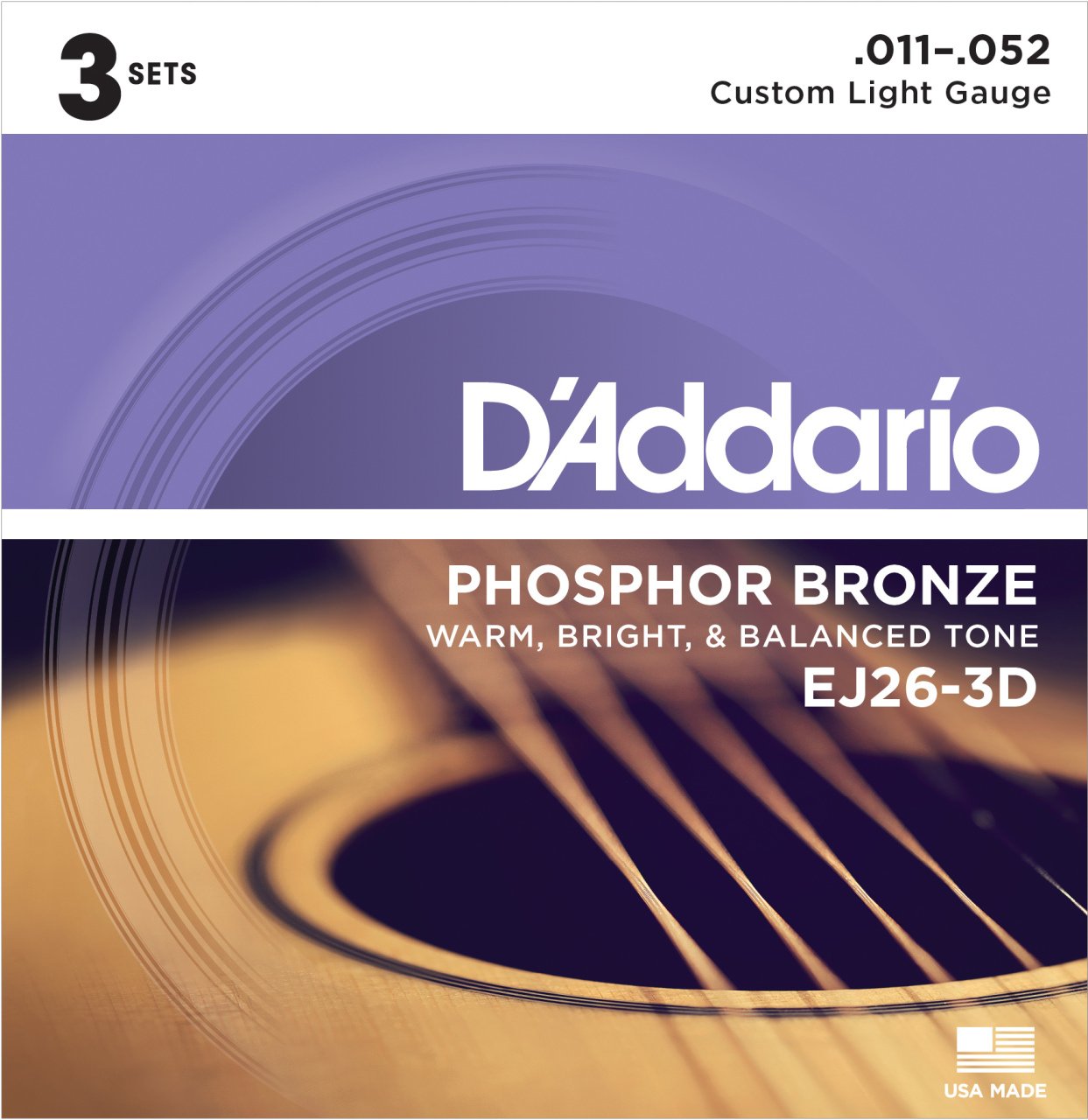 DADDARIO EJ26-3D AKUSTİK GİTAR TEL SETİ, 3'LÜ PAKET, PHOSPHOR-BRONZE, CUSTOM LIGHT GAUGE, 11-52, WARM, BRIGHT & BALANCED TONE