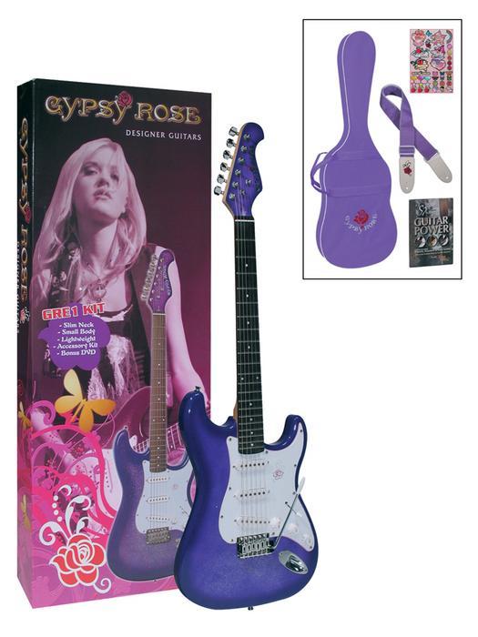 VALENCIA ELEKTRO GİTAR GYPSY ROSE SET (GIGBAG, STRAP, STICKERS, DVD), MOR, (2 SES, 1 TON, 5 YÖNLÜ SVİÇ)