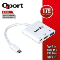 Qport Q-Th03 Type-C To Hdmi 4K+Usb 3.0+Type-C Çev.