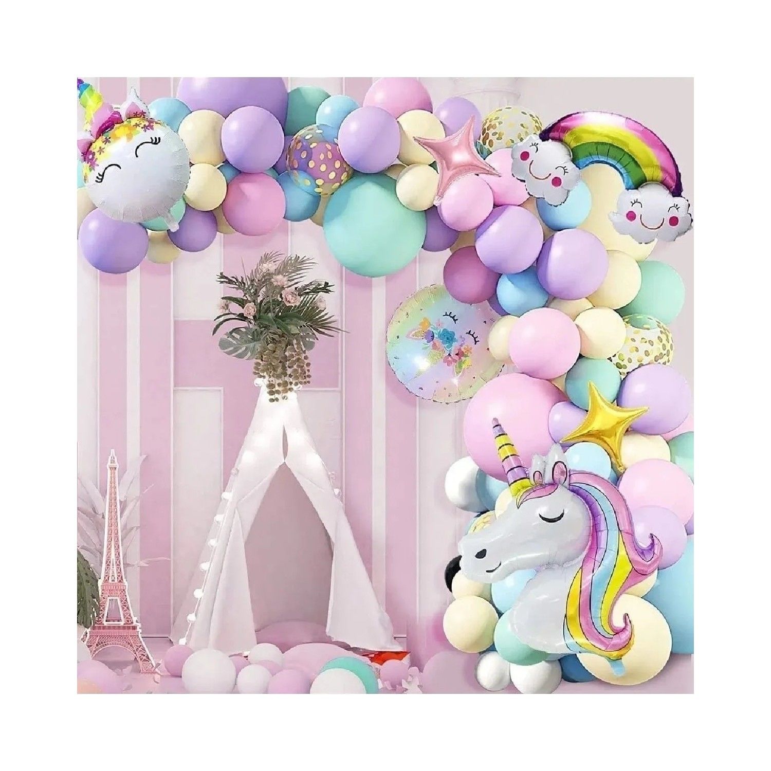Gökkuşağı Konseptli Unicorn Temalı Makaron Balon Doğum Günü Parti Kutlama Seti