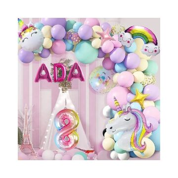 3 Harfli Yaş Seçenekli Gökkuşağı Konseptli Unicorn Temalı Makaron Balon Doğum Günü Parti Kutlama Seti