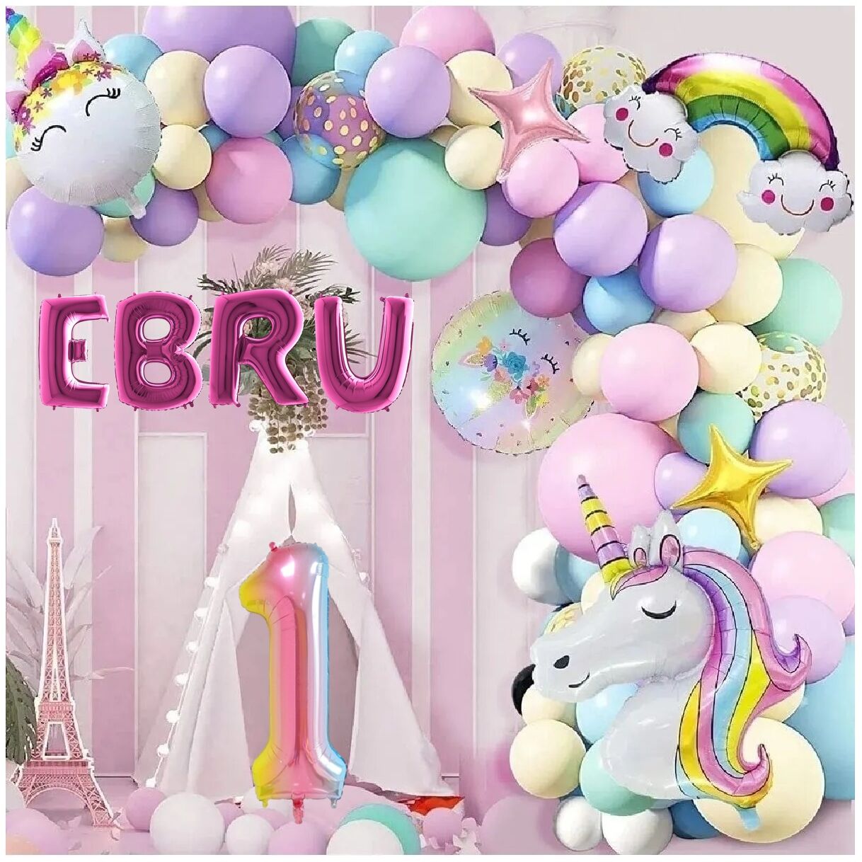 4 Harfli Yaş Seçenekli Gökkuşağı Konseptli Unicorn Temalı Makaron Balon Doğum Günü Parti Kutlama Seti